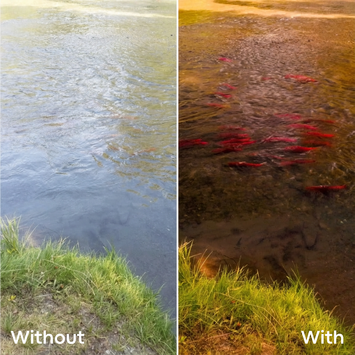 Without and with polarized lenses: fish revealed in moving water