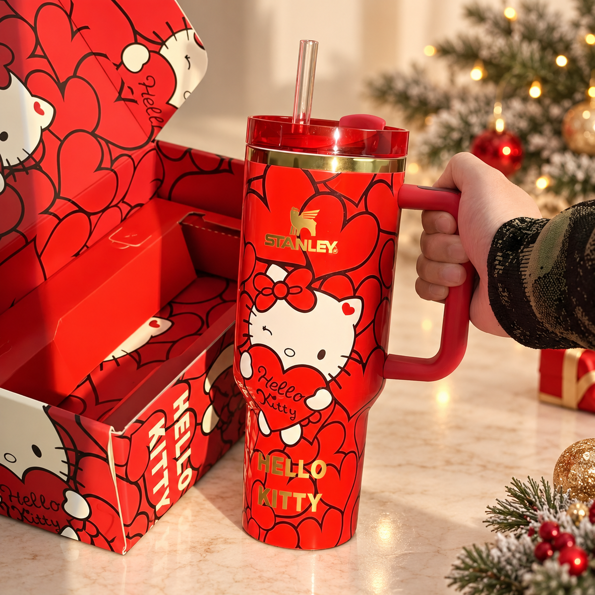 Sweet Hearts 40 oz tumbler held by its handle to show scale