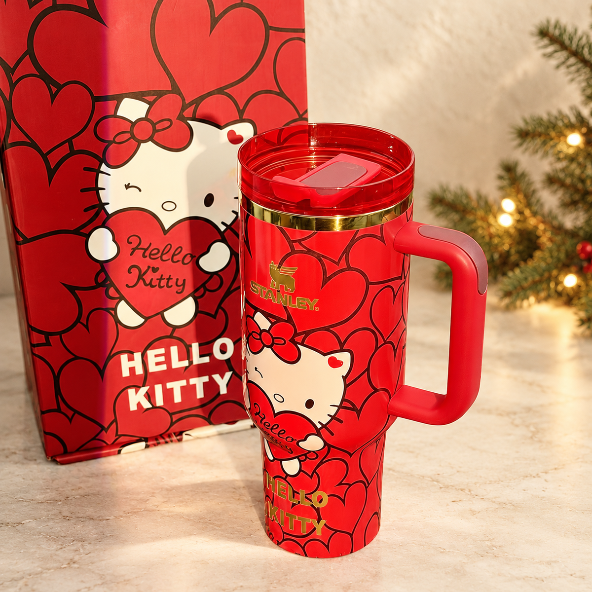 Sweet Hearts 40 oz tumbler and matching gift box on a minimal Christmas backdrop