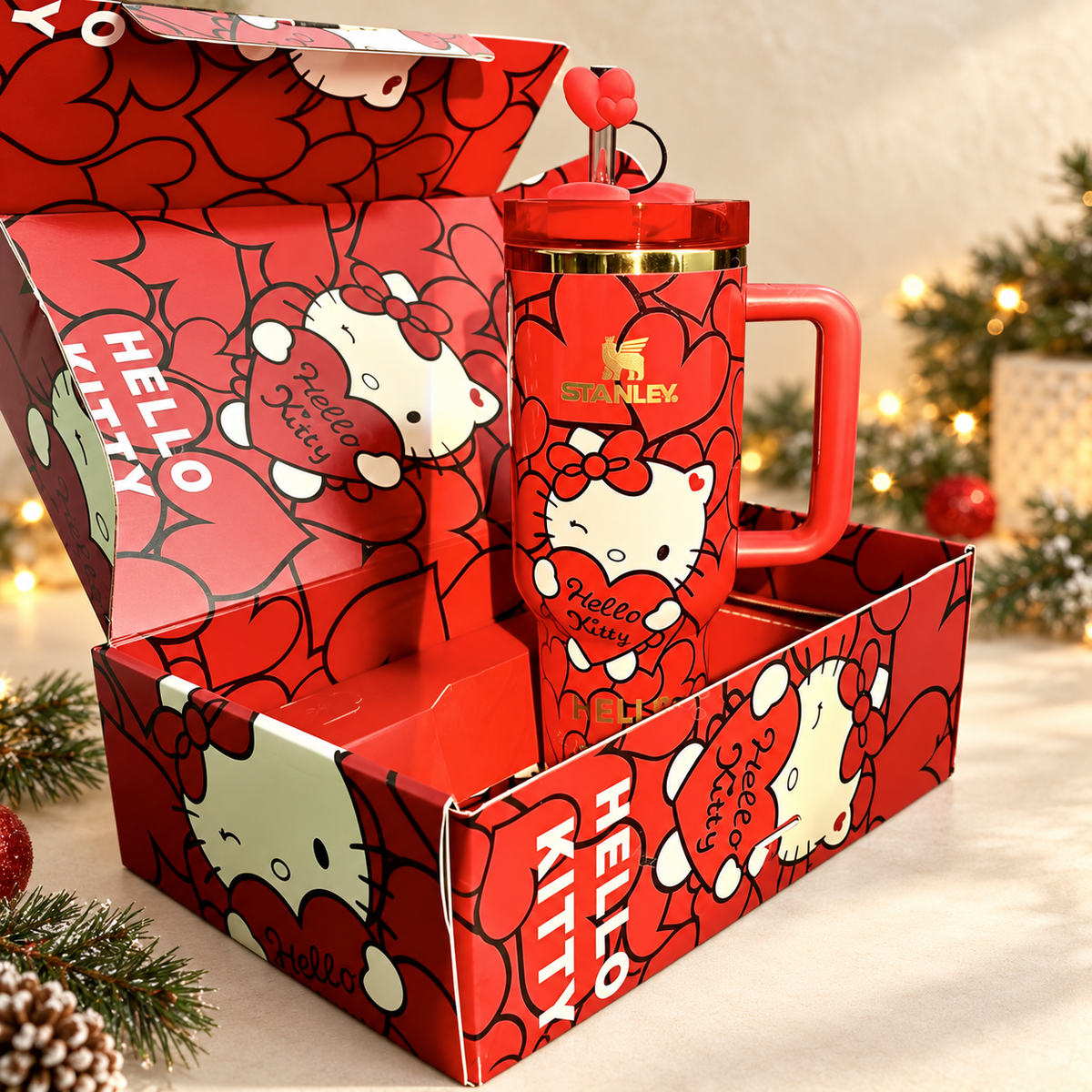 Sweet Hearts tumbler standing in its open gift box with straw and heart topper